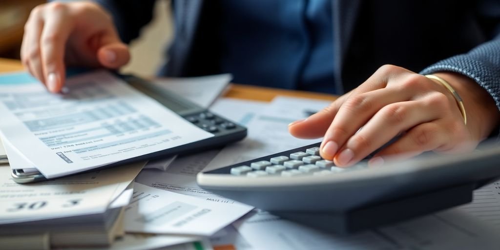 Uma pessoa revisando o orçamento com calculadora e recibos.