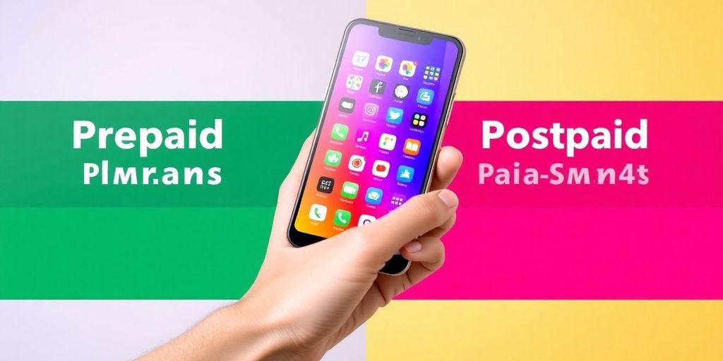 Imagem de smartphone mostrando opções pré e pós-pago.