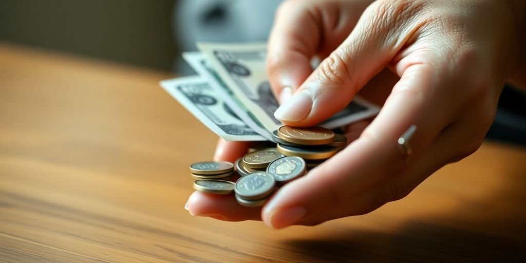 Mãos segurando moedas e notas