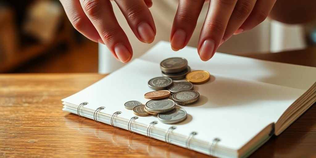 Pessoa equilibrando moedas em um orçamento.