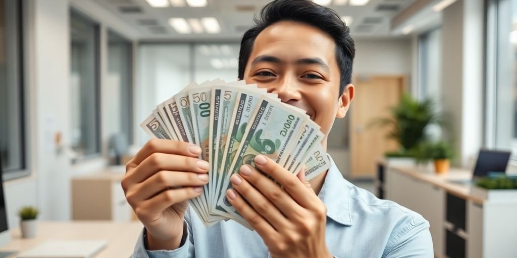 Pessoa sorrindo, segurando dinheiro, em um ambiente organizado.
