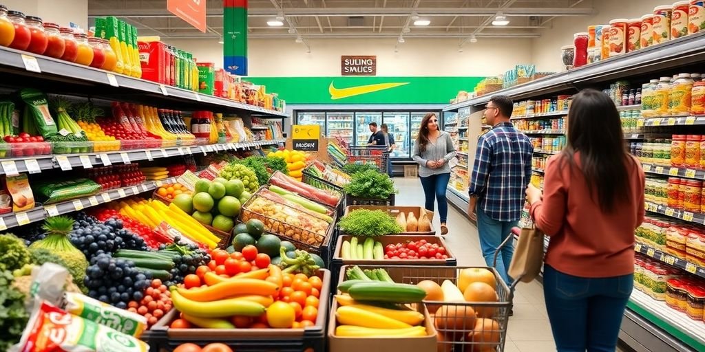 Mercado cheio de frutas e vegetais frescos.