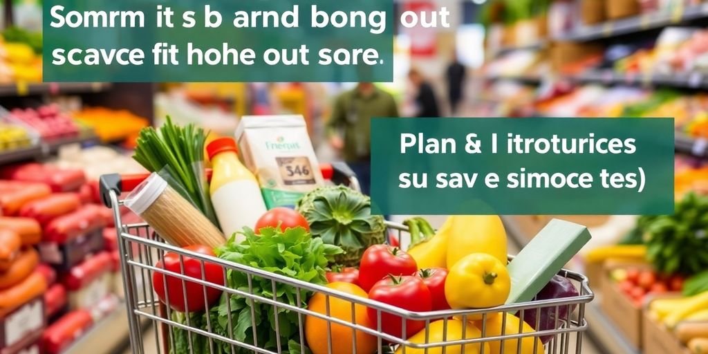 Compras planejadas com frutas e legumes frescos em carrinho.