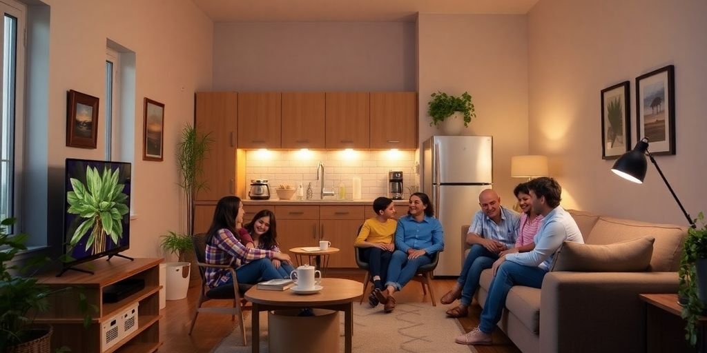 Sala de estar aconchegante com eletrodomésticos eficientes.