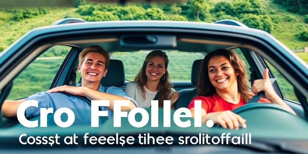 Pessoas sorrindo em um carro compacto durante carona.