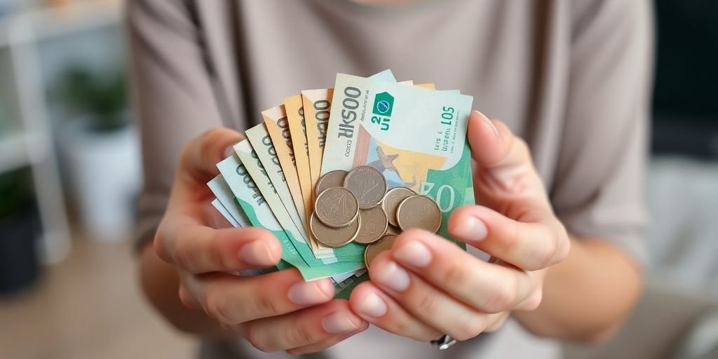 Mãos segurando moedas e notas, com mapa financeiro.