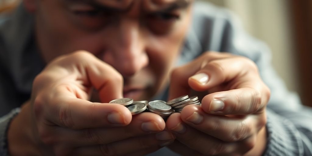 Pessoa preocupada contando moedas com orçamento apertado.